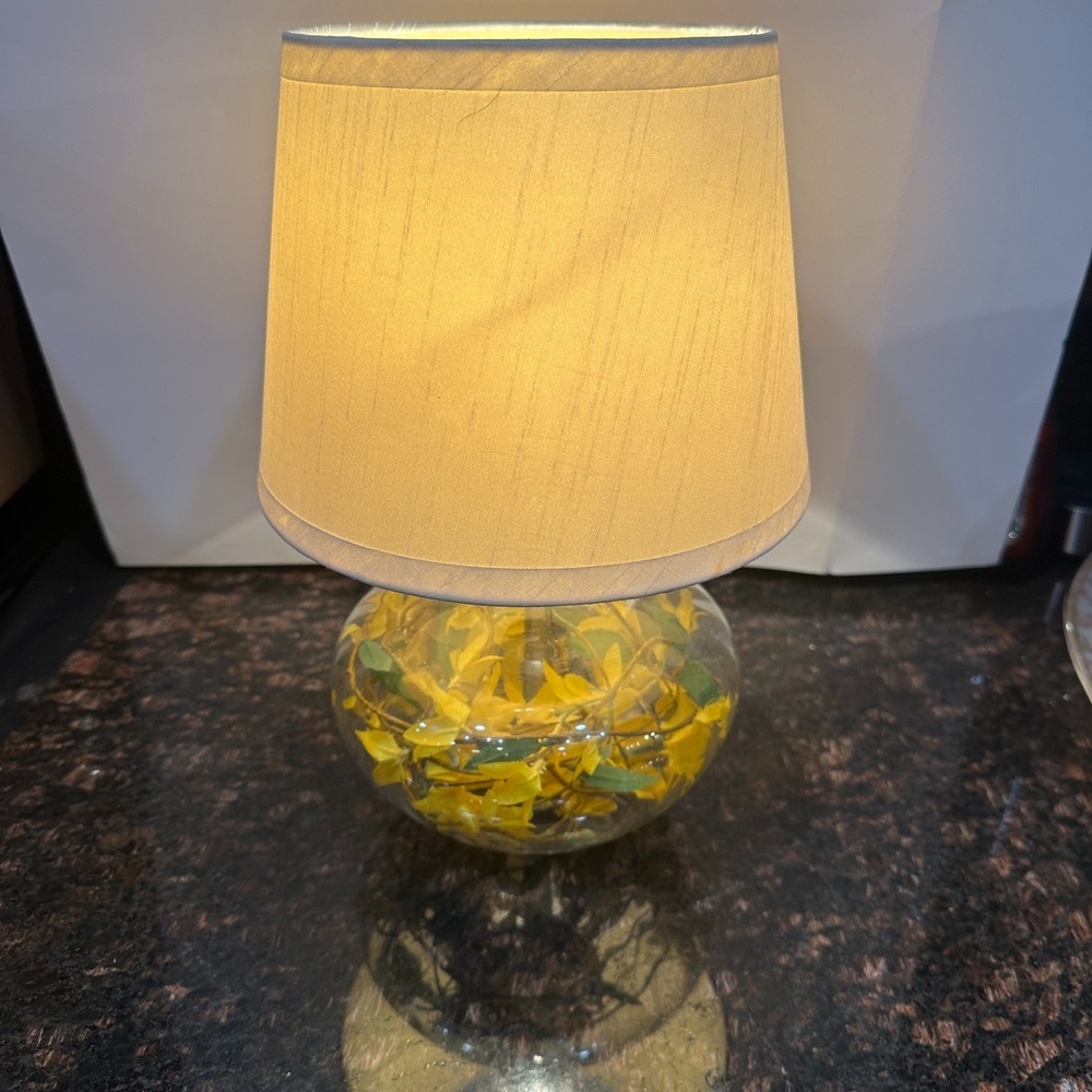Glass Table Lamp Yellow Floral Filled Base Beige Fabric Shade Artificial Flower